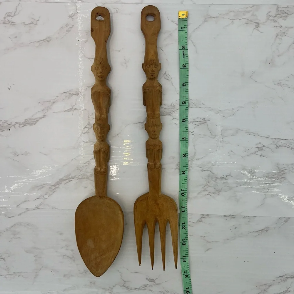 VINTAGE MCM hand carved wooden tribal tiki salad serving SPOON & FORK